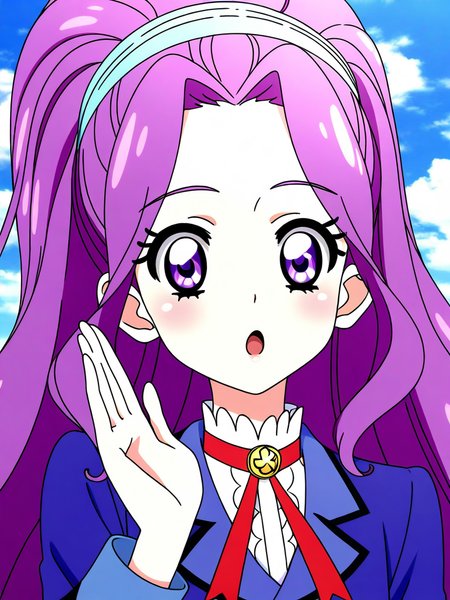 general,highres, ultra-detailed,very aesthetic,best quality ,best hands, BREAK <lora:Kanzaki_Mizuki_aikatsu!_IS:1>
kanzaki_mizuki(aikatsu!), 1girl, solo, purple hair, purple eyes, long hair, ponytail, high ponytail, hairband, very long hair,
starlight academy school uniform,
portrait, open mouth, looking at viewer, eyelashes, hair intakes, :o, sidelocks,
 upper body, 
sky, outdoor,