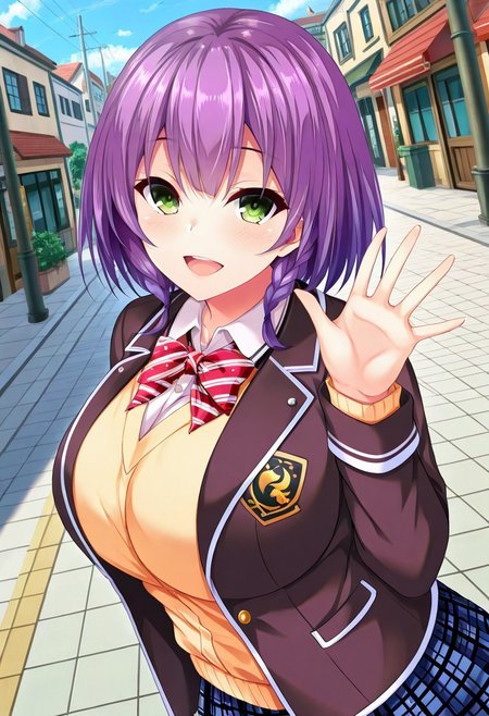 general,highres, ultra-detailed,very aesthetic,best quality ,best hands,best eyes,easynegative,
dynamic anglre, dutch angle, anime cloring,
1girl solo,looking at viewer,town,outdoors,smile,open mouth,waving hand,
Hinano Kasama,purple hair, short_hair, braid, green_eyes, huge_breasts,school uniform,