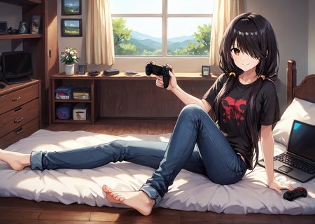 score_9, score_8_up, score_7_up, score_6_up, score_5_up, score_4_up, , scenery, masterpiece,  best quality, very aesthetic,, game controller,  ,wooden floor, keyboard (computer), , disposable cup,  , phone, laptop, , cellphone, controller,bed, messy room,TV,
,  looking at viewer, laying, modeling on bed,  <lora:Kurumi_Tokisaki:0.8> black hair, red eye, long hair, twintails, hair over one eye, yellow eye, heterochromia, clock eye black, tshirt, jeans, sitting, smiling,legs kicking, ,smiling, , ,, looking at viewer,