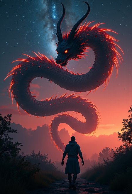 Bosstyle, Silhouette of a man fighting a giant DARK snake dragon Monster Boss resembling a ethereal nake dragon with goat hornes : Capture the essence of nostalgia and color in this vintage photograph. Dominating the scene is a meticulously detailed, translucent dark-red Blood filled dragon, adorned with vibrant patterns, blending seamlessly with its surroundings. Its long tail, composed of intricately woven ribbons in a spectrum of colors, trails behind, adding to the spectacle of the moment. Amidst the quietude of the night, its presence exudes a sense of ancestral strength and resilience. Behind it, the low-toned hues of the Milky Way cast a mesmerizing backdrop, a cosmic tapestry weaving tales of both past and future. In this moment, the convergence of tradition and technology, of ancient wisdom and industrial progress, hangs palpably in the air., atmospheric haze, Film grain, cinematic film still, shallow depth of field, highly detailed, high budget, cinemascope, moody, epic, OverallDetail, 2000s vintage RAW photo, photorealistic, candid camera, color graded cinematic, eye catchlights, atmospheric lighting, imperfections, natural, shallow dof,
extremely detailed, vntblk, black, dark, background,  NEG-fixl-2, bosstyle, Cinematic style, realism, cinematic quality