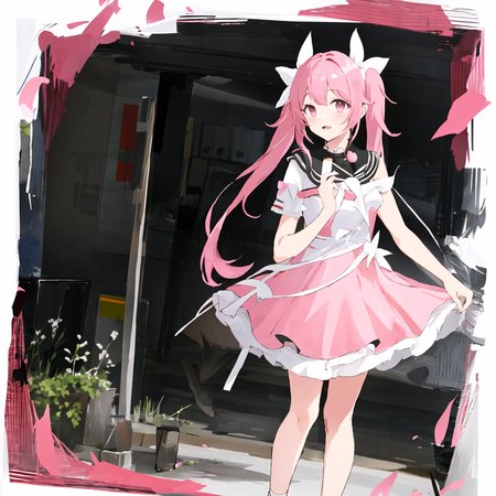chiyoura chiyomi,solo,1girl,<lora:chiyoura chiyomi:0.7>,twin tail,long hair,pink hair,pink dress,ruffled skirt
