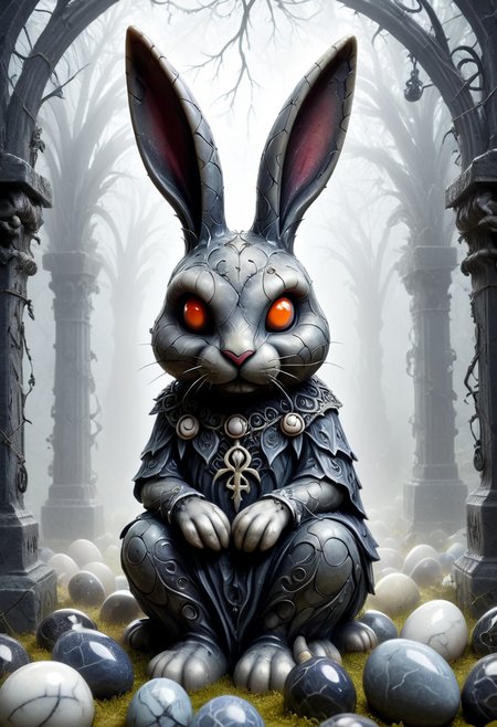 made of marbles, <lora:Marbles_World_r1:0.75>, A gothic-style Easter Bunny carved from dark marble, long twisted ears, hollow eyes glowing faintly, sitting beside cracked marble Easter eggs with arcane runes. Surrounded by thorny vines and fog in a ruined graveyard at dawn. Hyper-detailed, eerie atmosphere, cinematic lighting. dark fantasy, gothic, <lora:GothicDetailEnhancerV1:0.65>, <lora:add-detail-xl:0.45>,