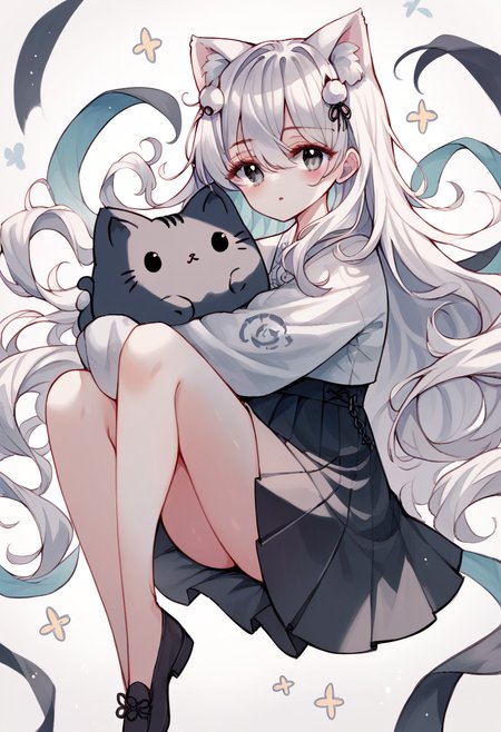 score_9, score_8_up, score_7_up, score_6_up, source_anime, 1girl, long hair, looking at viewer, blush, bangs, shirt, hair ornament, long sleeves, white background, animal ears, hair between eyes,white hair, pleated skirt, parted lips, shoes, black skirt, animal ear fluff, sleeves past wrists, grey eyes, hair intakes, cat, 
<lora:tando_v0.4-pony:1>