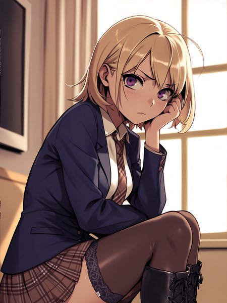 <lora:happy_tentacle-lovebeat-v0.2-000036:1>, ht_lovebeat, blonde hair, purple eyes, collared shirt, blazer, pleated skirt, plaid skirt, plaid necktie, garter straps, thighhighs, knee boots, lace-up boots, school yard, , 1girl, solo, portrait , , ( flustered :1), , looking at viewer , , from side , score_9, score_8_up, score_7_up, score_6_up, score_5_up, score_4_up