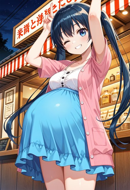 STYLE(comfy++,none) masterpiece, best quality, absurdres, 1girl, [tsukasawa takamatsu:cura, fuzichoco:0.3], torino aqua, komichi aya, kin-iro mosaic, blue eyes, blue hair, long hair, twintails, striped clothes, medium breasts, clothed, pregnant, big belly, standing, one eye closed,  evil grin, exhausted, looking at viewer, middle finger, index finger raised, arms up, cowboy shot, from below,  night, shop, game cg, <lora:Other/Pregnancy_Slider.safetensors:1.2000000000000002:1.2000000000000002> <lora:Tech/dmd2_sdxl_4step_lora_fp16.safetensors:1.0:1.0> <lora:Other/pregnant_cl_v3.safetensors:1.0:1.0>