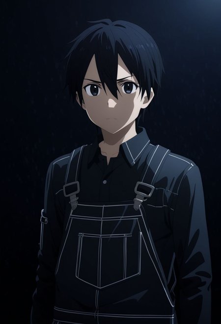 high resolution, professional photography, best quality, 1Boy, Kirigaya Kazuto, Black Hair, Black Eyes, overalldetail, cool, Mysterious black background, Movie lighting, a sense of atmosphere