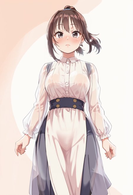 score_9, score_8_up, score_7_up,source_anime,(close up:1.3), front view,
 1girl,20yo, brown hair, gray eyes, (large breast:1), (ponytail:1.1), medium hair,(curvy:1.1),(light blue clohtes shirt:1.1),gray skirt,bangs, tsurime, jitome, blush,nose blush, dress, action pose,  closed mouth ,simple background,beautiful scenery, outdoors, , looking at viewer, earings, looking at viewer,,long  sleeve dress, tyontyon, clothed, <lora:tyontyon-02:1.2>