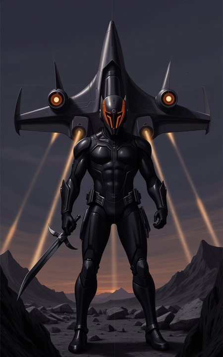 YFG-SRS, rbcharc0al, Off-center composition, wide-angle with subject facing away, The image shows a futuristic warrior standing in front of a large spaceship. The warrior is wearing a black suit with intricate details and a helmet with glowing orange eyes. The sword is held in the warrior's right hand and is pointed towards the right side of the image. The spaceship is in the background, with its wings spread wide and its engines roaring. The sky is dark and cloudy, with a hint of orange and yellow lights shining down on the scene. The ground is covered in rocks and debris, and there is a mountain in the distance. The overall mood of the scene is ominous and ominous., dark and dim light, anime artwork comic anime art by Rumiko Takahashi, Manga, fantasy art by Brad Rigney, digital art, , fantasy art, dark, detailed, epic, Humorous, romantic, slice of life, diverse characters . graphic illustration, comic art, graphic novel art, vibrant, highly detailed . anime style, key visual, vibrant, studio anime, highly detailed.