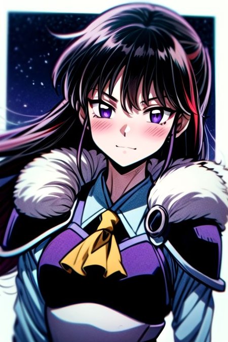 masterpiece,  best quality 1girl Setsun4 solo long hair,  (night time) forest background black hair very long hair purple eyes multicolored hair armor (fur trim) (medium body),<lora:EMS-179-EMS:0.800000>,<lora:EMS-293862-EMS:0.800000> bow, hair_bow, hair_tubes, red_bow, brown_hair, long_hair, bangs, ascot, frilled_bow, yellow_ascot, blush, smile, hair_between_eyes, athletic, armor, miko