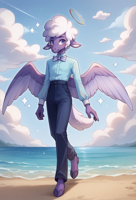 score_9, score_8_up, score_7_up,
((best quality)), absurdres,
<lora:HBCollinPXL:1> HBCollinPXL, slim figure, anthro, male, 1boy,
solo, scut tail, full body, walking, bowtie, Blue shirt, clouds, heaven, wings,
<lora:Smooth Anime Style LoRA XL:0.7> Smooth, Anime, <lora:Expressive_H:1> Expressiveh,