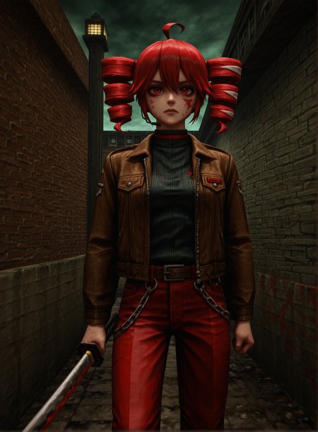 kingpin, masterpiece, best quality, absurdres, solo, 1girl, kasane_teto, red_eyes, front_view, facing_viewer, intense_expression, serious_look, blood_on_face, blood_splatter, messy_hair, detailed_skin, brown_leather_jacket, big_zipper, black_turtleneck, brown_pants, belt_chain, black_boots, katana, blood_stained_katana, holding_katana_vertically, cinematic_portrait, symmetrical_composition, centered_character, well_lit_subject, gritty_detail, urban_background_blur, marina_setting, visible_lighthouse, ocean_view, dramatic_lighting
<lora:dmd2_sdxl_4step_lora:1>, <lora:Kingpin_-_Life_of_Crime_Style_1.2_ILXL:1.1>