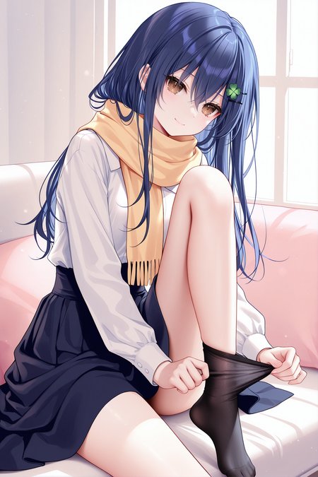 masterpiece, best quality, newest, absurdres, highres,(chen bin: 0.5),(hiten \(hitenkei\):0.4),(rimuu:0.5),(mignon:0.5),(sheya:0.6),1girl, solo, 
  itsuka shiori, 1girl,solo, blue hair, brown eyes, hairclip, four-leaf clover hair ornament,smile,no shoes,
putting on legwear, thighhighs,
scarf,long skirt,sitting,leg up,<lora:shioriXLNAI:1>