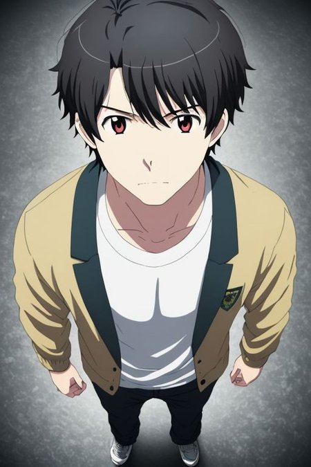 high resolution, solo, best quality, 1Boy, Portrait, Inaho Kaizuka, Black Hair, standing, straight facing upwards, casual, seen from above, arrogant face, dominant, intimidate,