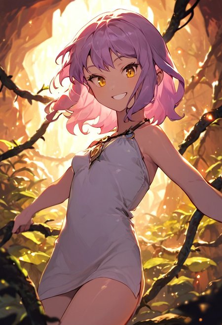 masterpiece,best quality, highly detailed, score_9, score_8_up, score_7_up, score_6_up, source_anime,
 BREAK
1girl, long lavender hair, loose, golden eyes, small breasts, perky, nymph tunic, sheer, glistening thighs, playful grin, looking down, from above, crystal cave, glowing pools, vines curling, tantalizing pose
 BREAK
dynamic light, warm_light, warm_colors, high contrast, depth of field, golden hour lighting, dramatic shadows, rich details,