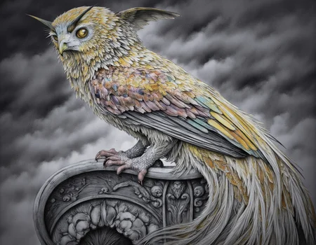 <lora:Staggering:0.85> staggering, A highly detailed pencil drawing of a fantastical creature, blending avian and feline features. The creature has iridescent, oil- slick colored feathers with intricate patterns and large, expressive golden eyes. It is perched on an ornate, gothic-style gargoyle with a stormy sky as background, rendered with cross-hatching and meticulous attention to detail. . 35mm photograph, film, bokeh, professional, 4k, highly detailed