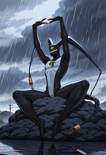 masterpiece, best quality, amazing quality, very aesthetic, absurdres, newest
feedback, solo, smile, , tail, 1boy, no humans, green eye, single eye, , digimon (creature), black skin, , alien, , , cables, , 
stretching legs, relaxed, sitting on cloud, grey clouds, peace sign, rain,