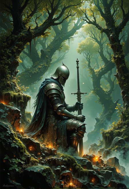 In the heart of a dense, misty forest bathed in ethereal green light, a lone medieval knight kneels solemnly on the moss-covered ground. Clad in weathered, battle-worn armor, his helmet reflects faint glimmers of soft light filtering through the towering trees. His tattered cape and rust-streaked chainmail tell a tale of countless battles fought. The knight leans heavily on his broadsword, its blade embedded into the earth, as if drawing strength from the land itself. The surrounding air is thick with a mystical haze, illuminated by faint golden embers drifting lazily in the stillness. The scene radiates a sense of quiet resolve and deep contemplation, evoking both the weight of his burdens and the timeless serenity of the forest sanctuary. <lora:flux.1_lora_flyway_Epic-detail_v2.safetensors:0.3>,  <lora:Elden_Ring_-_Yoshitaka_Amano.safetensors:0.9>,  <lora:black_fantasy.safetensors:0.5>,  <lora:aiai-Glimra-Flux-Dev-v2.safetensors:0.5>,  <lora:Ethereal Grace - s1 g4.safetensors:0.5>,