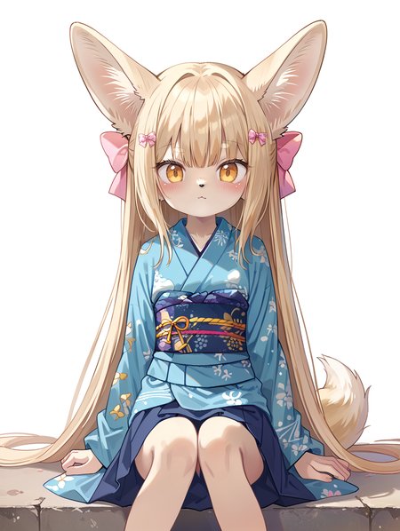 score_9, score_8_up, score_7_up,source_anime,saeki sora, 
1girl, fennec fox, girl, fennec fox tail, petite, small body ,furry large ears, , animal nose, sandy tan, fur,long hair,Short stature,Skinny body,solo,Short stature,Skinny body,(cute expression, cute face:1.1),simple background,looking at viewer,blush,skirt,sitting,legs spread,knees bent,flat chest,obi,sash,hair_bow,print kimono,hair bow
 <lora:Saeki_sora02:1.0>