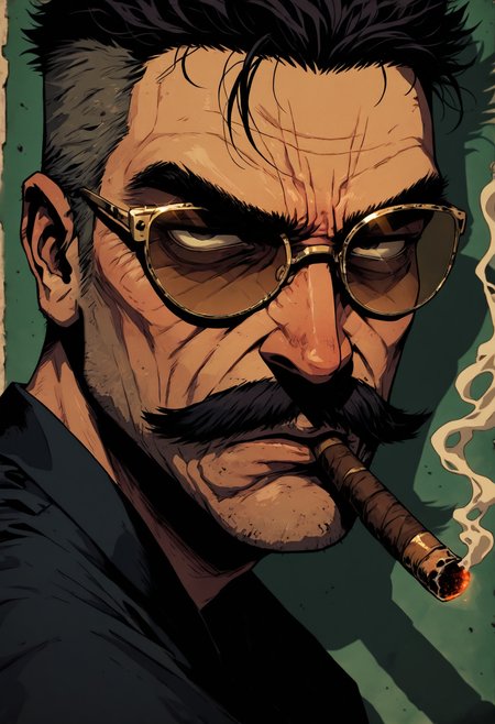 1male, masculin, mature ,mustache, dark hair, italian, smoking cigar, gold-trimmed shades, boxercut, face focus, close up, half of face visible, glimming cigar
angry, serious, shadow over eyes, enraged, hatred, confident, 
GOTAV1.0,  <lora:Gothic-Anime-V1.0_IL:1>,, masterpiece, best_quality, amazing_quality, very_aesthetic, 8k, high_quality, highres, absurdres, subject_focus,, detailed eyes, perfect eyes, realistic eyes,