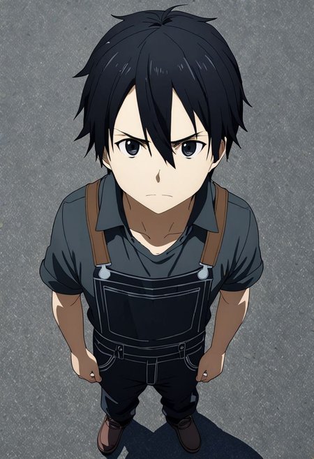 high resolution, professional photography, best quality, 1Boy, Kirigaya Kazuto, Black Hair, Black Eyes, overalldetail, standing, straight facing upwards, casual, seen from above, arrogant face, dominant, intimidate