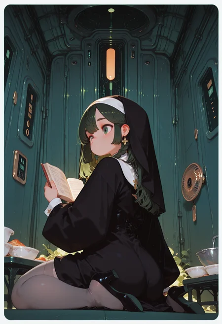 solo,, masterpiece, best quality,
((cinematic lighting)) ,
((cropped upper body, close up)) ,
evening light, shadowy
,
(from below,
from behind, back shot
),
1girl,
wariza ,
long hair, side braid hair
,
swept bangs ,
ultra detailed eyes, (flat chest), [[[abs]]],
emosionless ,thick eyebrows
,
( nun outfit ),
pumps, translucent grey tights ,
skindentation, ((chubby thick legs), thick legs, chubby legs), thick calves,
hoodie ,
ray from window ,
dynamic perspective,
BREAK
reading book
,
(simple background, simple gradient pastel dark green  background with white border),
retro  elevator   background, dishes ,ventilation fan
,
fl4t, flatline, vector style
,
,
<lora:sdxl_turbo_weghts_beta_v0_1_0:0.95>
<lora:fl4t:1.5>
, , ,
,
,