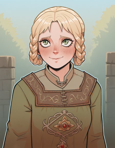1girl, portrait,   <lora:britodraws:1> br1t0dr4ws,
BREAK
1girl, <lora:Ryapred:1> zorayas, rya dress
hair rings, braid loops, twin braids, 
 long sleeves,  , slit pupils
green dress, blonde hair, green eyes
BREAK
outdoors, bad posture light smile,  
BREAK
(masterpiece, best quality:1.2), absurdres, highres,