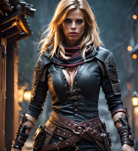 RAW photo, (masterpiece:1.3), subsurface scattering, heavy shadow, (high quality:1.4), (intricate, high detail:1.2), professional photography, HDR, High Dynamic Range, realistic, ultra realistic, photorealistic, high resolution, film photography, ambient lighting, atmospheric effects, <lora:detail_slider_v4:2>, OverallDetail,  <lora:Amber:1>, Amber, as a medieval rogue, red and black clothes, bracers, belt, FaRo, <lora:FantasyRogues:0.8>, in a ((dark)) alley at night, <lora:zoom_slider_v1:-2.5>, dynamic pose, epiCPhoto