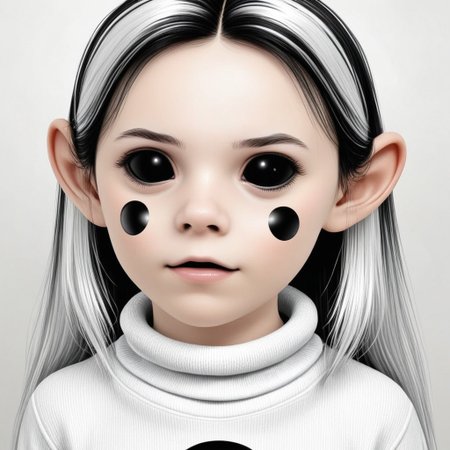 voo is an (adult female and looks about 30 years old) with a (black circle on each cheek) and (black marbles for eyes).She has large and tall. 
voo has (Long white_hair) with a metallic shine.
Voo has a (white_roll_neck_sweater)