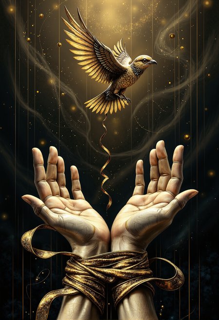 A surreal composition featuring two human arms bound tight together at the wrists with a shimmering golden ribbon, the fabric intricately wrapped in delicate folds, gleaming softly under subtle light. The hands are open and outstretched, palms facing upward in a gesture of release, their skin detailed with natural textures and veins visible under the faint shadowing. Above the hands, a bird has just taken flight, its wings mid-flap, radiating an energy of freedom and motion. The bird's feathers are intricately rendered, a mix of earthy browns and golden yellows that catch the light as it ascends. The background is dark and ethereal, with faint abstract patterns and subtle glowing lines that evoke a sense of mystery and wonder, drawing the focus to the poignant moment of liberation. <lora:Warhammer_Rogue_Trader_Style_flux-000021.safetensors:0.5>,  <lora:aiai-Glimra-Flux-Dev-v2.safetensors:0.5>,  <lora:paintart-style-006-v1-0-flux.safetensors:0.5>,