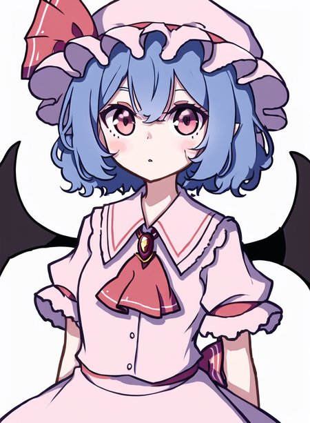 masterpiece, ascot, bat wings, blue hair, dress, frills, hat, hat ribbon, mob cap, pink dress, puffy sleeves, red ascot, red eyes, red sash, remilia scarlet, ribbon, sash, short hair, short sleeves, white dress, wings, wrist cuffs,<lora:kameremi3:1>