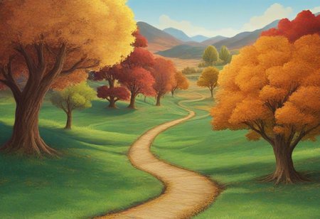 Autumn landscape, Fantasy world, Video game art, Golden trees, Orange foliage, Red trees, Green grass, Winding path, Cartoonish style, Vibrant colors, Hilly terrain, Peaceful scene, Nature, Outdoors, Bright sky, Stylized trees, Rolling hills, Scenic view