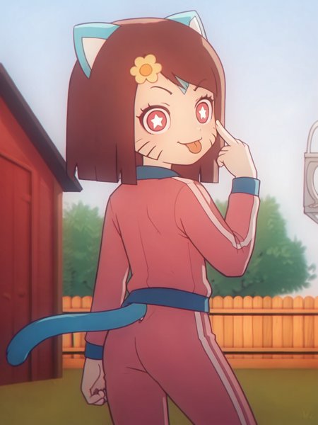 score_9, score_8_up, score_7_up, score_anime, rating_explicit, uncensored, BREAK, <lora:Gumball-Girl_PDXLv1:0.8> gumball-girl, brown hair, whisker markings, star-shaped pupils, cat ears, cat tail, solo <lora:akanbe-ponyxl-lora-nochekaiser:1> akanbe, eyelid pull, finger to eye, tongue out, :p, tongue, ;p, track suit, track pants, running, looking back,