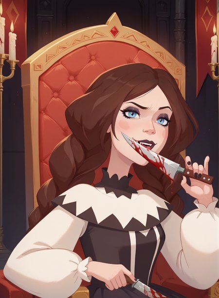 score_9, score_8_up, score_7_up, 1girl, solo, zabava, gothic dress, gesugao, raised eyebrow, blood on knife, dripping blood, vampire, makeup, dark background, backlight, dramatic, looking at viewer, throne, candles, <lora:mlnc_girls_pxl_v1.5_p:0.8>
4k, highly detailed, best quality,
<lora:gesugao_v1_unpruned:0.8>