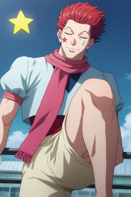 score_9, score_8_up, score_7_up, source_anime, rating_safe, intricate details, (realistic:0.6), looking at viewer, , 1boy, solo, male focus, <lora:hisoka_morow_pony:0.84>, hisoka_morow, red hair, yellow eyes, facial mark, star (symbol), from below, tokyo tower, day, sunny, one leg up, (closed eyes:1.2), smile, scarf,, <lora:sdxl_lightning_8step_lora:1>