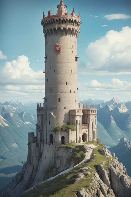 realistic analog photo, award winning photo, far shot, vary wide shot of (authoritarian) Cement:1.3 witow tower:1.3, (Military watchtower on the Mountain summit:1.3),  sea in background, scenery, fantasy, outdoors, RAW, highres, 8k, uhd, High Dynamic Range, tonemapping, crisp details,