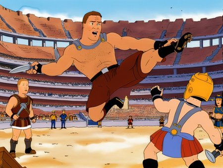 cartoon rendition of a scene from the movie Gladiator (2000) - Action, Adventure, Drama, action shot, epic framing, 
(in kingofthehill style:1.2)
<lora:xl_more_art-full_v1:0.5> <lora:add-detail-xl:0.45>  <lora:kingofthehillstyleXL_v.10.1-000080:0.75>