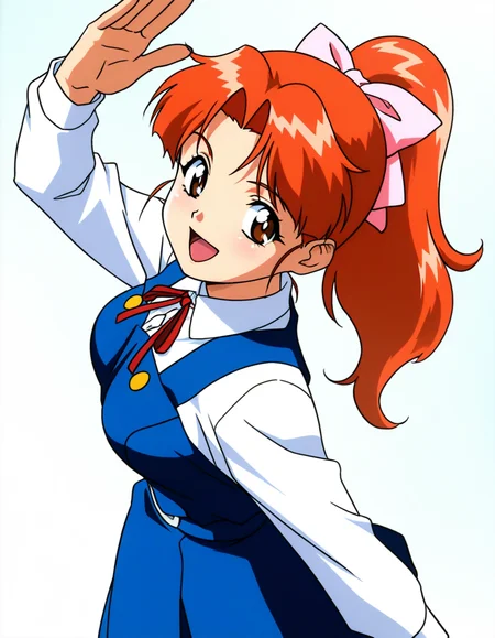 masterpiece,best quality,absurdres,official art,official style,source_anime,anime screencap,anime coloring,
<lora:kimotoyukari_IL:0.8>
kimotoyukari, 1girl, solo, 1990s (style), retro artstyle, ponytail, long hair, orange hair, brown eyes, high ponytail, large breast, 
school uniform, blue pinafore dress, white collared shirt, long sleeves, yellow button, open mouth,  ribbon, red string tie, pink hair bow, 
looking at viewer, cowboy shot,  smile, from  above, white background,