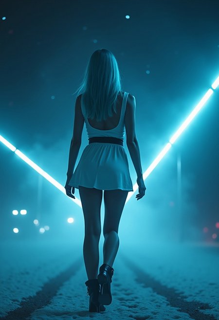 digital artwork.Winter. The view from below from the ground, In the first person. Zev Bellinger, a woman with light blue hair (fully dressed, in a short white dress with a black belt, wide hips), (Steps over us). Darkness, fog, laser beams, deep blue-black sky with stars and galaxies. The depth of field, the composition of the frame according to the rules of the golden ratio, is simply a masterpiece. cyberpunk style. A dynamic pose.. 
 (Depth of field), low saturation,detail. mythp0rt Stylish, charismatic.
(depth of field)
mythp0rt,
nigiex.
