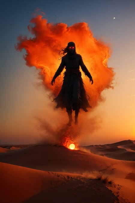 mysterious desert Djinn with glowing eyes in arabian clothing with fiery aura hovering his whole body in sky above a desert dune at sunset,  background of dusky dunes, by Minjae Lee, Carne Griffiths, Emily Kell, Steve McCurry, Geoffroy Thoorens, Aaron Horkey, greg rutkowski, sss fire glow in eyes, Jordan Grimmer, amazing depth, intricately detailed, bokeh,  perfect balanced, artistic photorealism , smooth,  great masterwork by head of prompt engineering, plants, mystical,  (full body view), <lora:add-detail-xl:2><lora:xl_more_art-full_v1:0.5> <lora:sss:1> <lora:Desolation:0.3> <lora:Glowing_eyes_portrait:0.6>