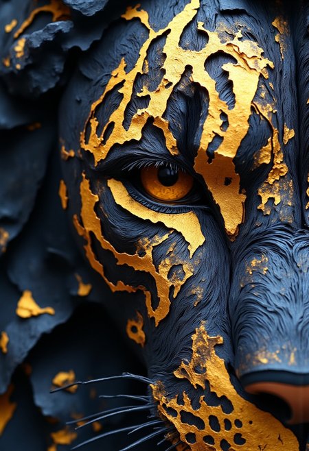 thick layered papercut art of 
In pastel hues and romantic artistry, this fantastical painting captures a fearsome black lion's left eye, bathed in a dark and inky contrast. Its piercing pure gold eyes and sharp teeth are visible in the background. The lion's dark fur, matted and messy around the eye due to the spray paint, contrasts dramatically with the metallic gold markings that adorn its face, particularly around and over the eye, resembling scales or armor. The spray paint gives the markings a wet, messy appearance. The photo is highly detailed and intricate.
deep 3D, volumetric, dimensional, depth, thick paper, high stack, heavy texture, tangible layers, 
beautiful, detailed, textural, artistic, vivid, vibrant,  aesthetic, intricate details, highly detailed, ultra-detailed, absurdres, 
aidmaMJ6.1, Papercut
