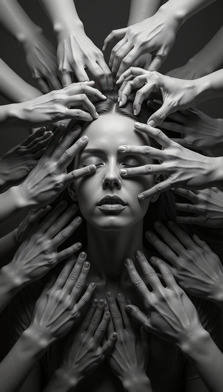 Detailed hand,Hand,Perfect hand, A medium shot depicting a multitude of disembodied hands, rendered in a stark, high-contrast monochromatic palette, converging upon a central figure. The figure, seemingly androgynous with its features devoid of detail, exudes an air of serene resignation as its face is obscured and manipulated by the encroaching hands. The composition evokes a sense of claustrophobia and powerlessness, the hands acting as instruments of manipulation and control. The absence of background details further amplifies the focus on the central interaction, emphasizing the vulnerability of the individual amidst an overwhelming external force.  The image lacks a distinct light source, further contributing to the unsettling and ethereal atmosphere.
