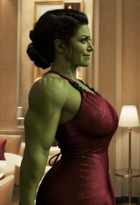 green skin, A full-body depiction of a she-hulk ohwx woman with ((hair tied back:1.5)) elegantly, an alluring crimson-maroon-scarlet spaghetti-strap sleeveless dress, a meticulously designed outfit, plunging neckline cleavage, a mesmerizing smile, looking at the viewer, side view, beautiful pretty gorgeous seductive glamourous sexy, 4k, ultra high res <lora:SHEHULK_SDXL-000005:0.75>