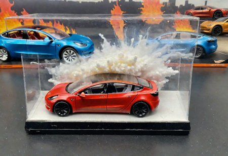 Hot Wheels toy car company have made a toy car version of a Tesla Model 3, The toy telsa model 3 car comes in a mini display unit/box. The car is exploding into fire and flames, white smoke fills the top of the display box, (realistic explosion from car), (realistic Flames bellow from the car windows inside the display unit),  (standing next to the car is a little palstic toy man, he holds both arms in the air,