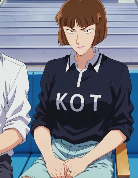1girl,solo,masterpiece,best quality,anime screenshot, 1990s \(style\), 
<lora:kira_hasue_conan_v1_IL:0.9>,kira hasue,short hair,brown hair,blunt bangs,bob cut,purple lips,ring,black eyes,tsurime,(sanpaku:1.5),long sleeves,black englishtext shirt,collared polo shirt,aqua shorts,
<lora:dmd2_sdxl_4step:1>,pew,stadium,v-shaped eyebrows, smirk,looking at another, closed mouth, sitting,doyagao,sleeves rolled up