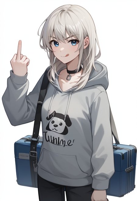 score_9,score_8_up,score_7_up,<lora:kawaragi_momoka_pony:1>,1girl, animal_print, black_choker, black_pants, black_sweater, blue_eyes, dog_print, double_middle_finger, grey_hoodie, highres, instrument_case, instrument_on_back, kawaragi_momoka, looking_at_viewer, print_hoodie, simple_background, solo, standing, tongue_out, white_background, white_hair