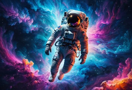 Wallpaper of an astronaut floating in the vastness of space, in the style of mesmerizing colorscapes, energy-filled illustrations, colorful, glorious, contrasting lights and darks, photorealistic paintings, energy-charged
