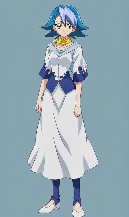BW, 1girl, solo, blue hair, short hair, braid, green eyes, yellow scarf, white shirt, long skirt, tights, shoes, standing, full body, looking at viewer, smile, blue background, simple background, <lora:Brooke Walker Pony XL:1>
