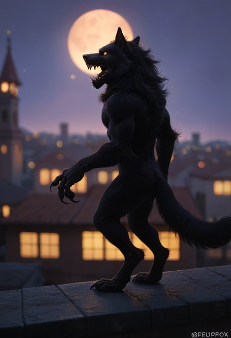 Score_9, score_8_up, score_7_up, score_6_up, SpecStyle, <lora:SpecPony:1.1>, wide shot, BREAK, from side, 1boy, Werewolf, (furry male, solo, black fur, animal ears, yellow eyes, sharp teeth, claws),
purple sky, yellow full moon, blurry background, building, blurry, parody, 1boy, solo, outdoors, night, full_body, male focus, prowling, rooftop,