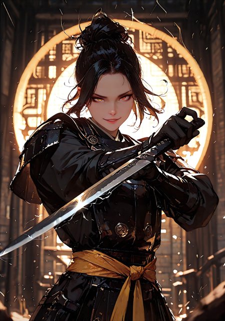 masterpiece, best quality, absurdres, 8K, high detail, cinematic lighting, stylized, visual storytelling, dynamic composition, depth of field, bokeh, backlighting, volumetric light, vivid colors, symbolic environment, god-tier illustration, sketch style (1.3), cksc style, focused subject

Chinese mythology, Black Myth Wukong-inspired, Wukong hairstyle, mythic hero, intense action scene, dynamic pose (1.3), fighting stance, high-speed motion blur, storm aura, divine energy, long flowing sash, ancient armor, windblown hair, glowing zone-eyes, eye trails, upper body focus, 

curved black knife, medium-length, intricate carvings on the blade, detailed hand grip, dramatic grip pose, dungeon environment, mythic scale, storytelling scene, cinematic shot, different fighting stances, smirking smile, chinese old building background