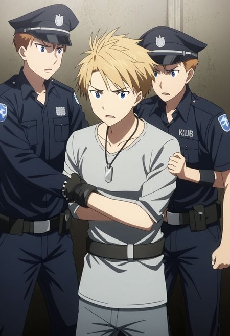 high resolution, professional photography, best quality, 1Boy, Yamato Ishida, blond hair, deep blue eyes, necklace, arrested, restrained, struggling, OverallDetail